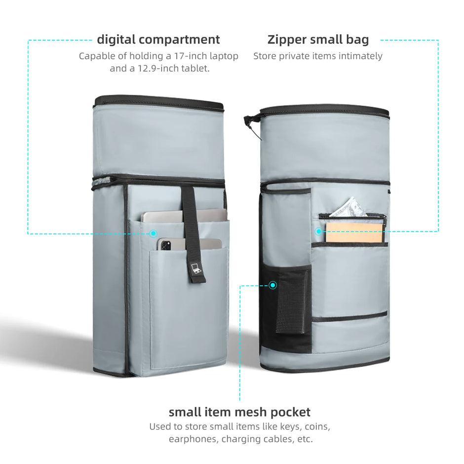 Grey organizer bag with digital compartment, zipper small bag, and small item mesh pocket on a white background.